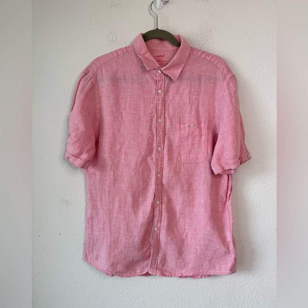 Celio 100% Linen Short Sleeve Button-Up Shirt Pink Micro Check Sz L Preppy Beach